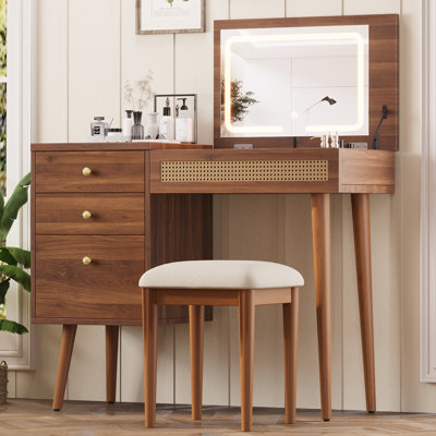 Meuble-lavabo de 39 po de style bohémien rétro, bureau Vantiy avec miroir et lumières à DEL, coiffeuse avec plateau rabattable, coiffeuse avec rangement à 3 tiroirs, 10 compartiments, ensemble de coiffeuse pour la maison, noyer