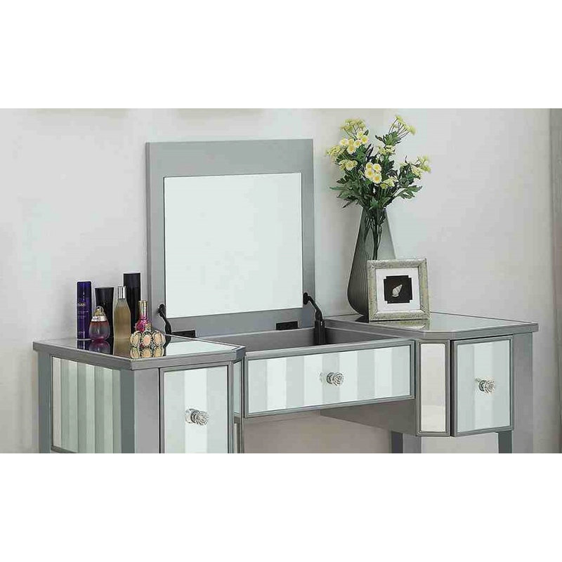 Silver 1Pc Vanity And Stool , Transitional Aspect Concept, 3 Drawers For Storage, 5Mm Central Mirror, Solid Wood Bedroom Selection Concept W/ In Style, Framework Scheme, Color Scheme