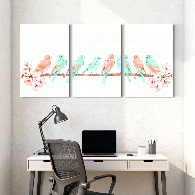 Oiseaux oiseaux perchés sur une branche avec fleurs de cerisier, ensemble de 3 impressions sur toile, H 24 po x l 48 po