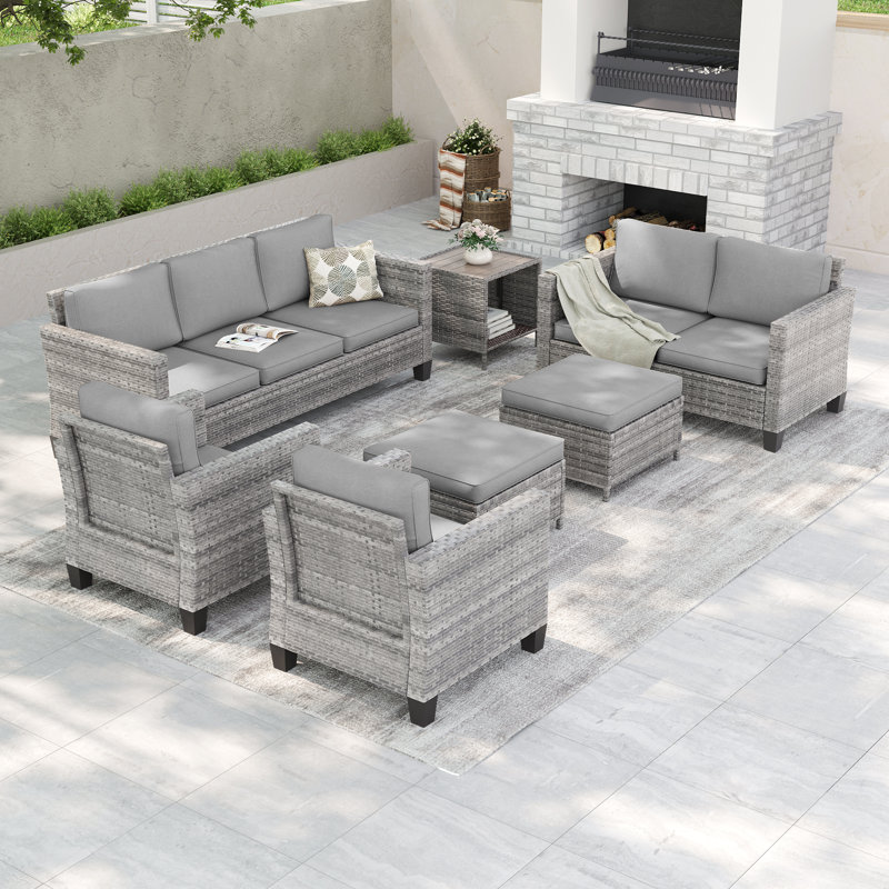 Ensemble de patio 7 pièces en rotin, fauteuil en osier résistant aux intempéries avec coussin amovible et structure robuste