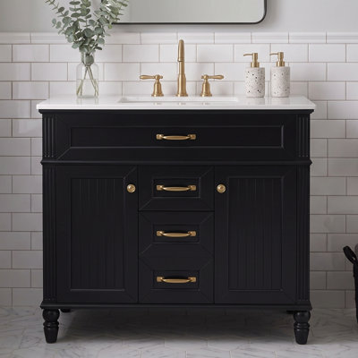 Meuble-lavabo noir de 91 cm (36 po) avec lavabo en céramique, armoire en bois massif et MDF avec poignées dorées