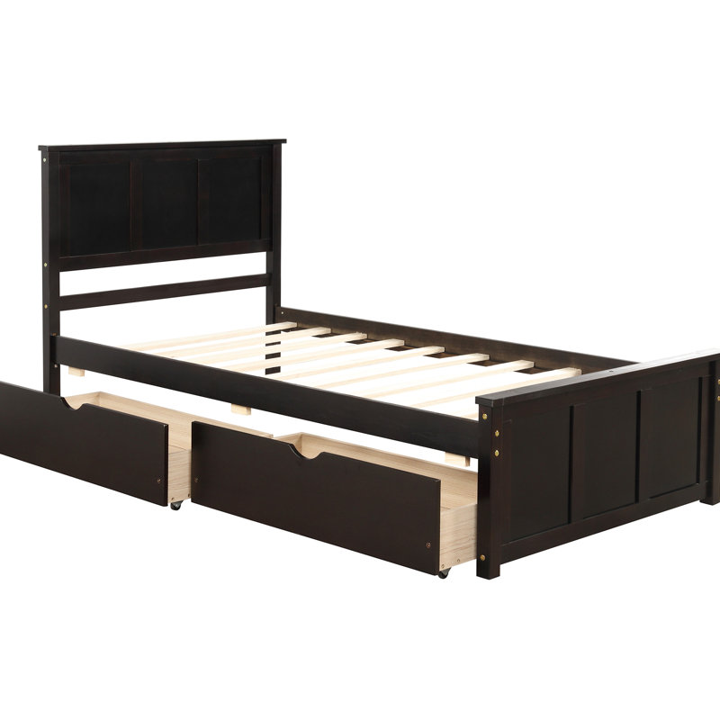 Lit plateforme simple en bois massif avec 2 tiroirs coulissants sur roulettes