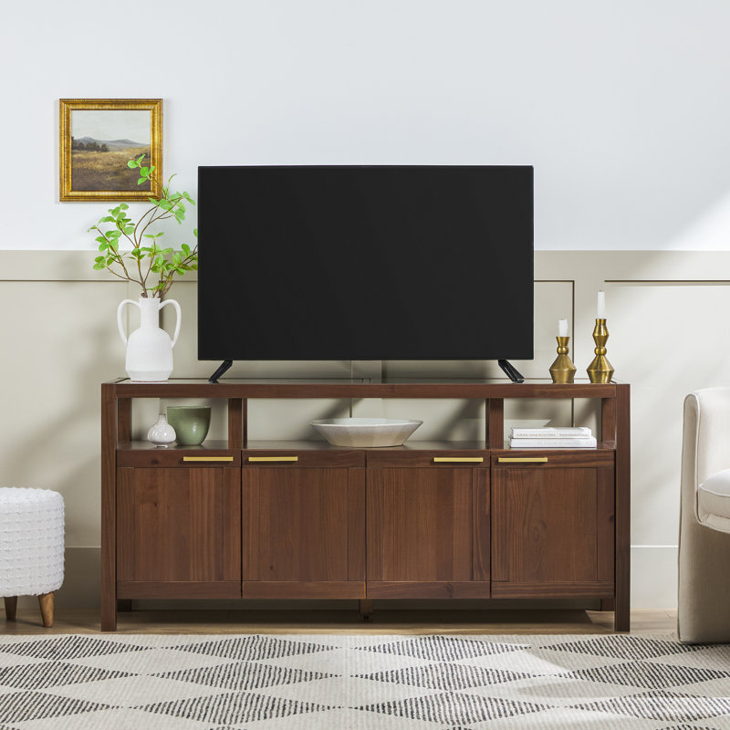 Meuble télé moderne avec plateau en verre, H 27 po x L 58 po x l 16 po, Noyer