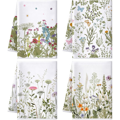 4 Pcs Sunflower Kitchen Towels Spring Summer Flower Floral Sea Beach Lemon Kitchen Hand Dish Towels Fast Drying Decor For Cooking(Mixed Colors,Wild Flower)