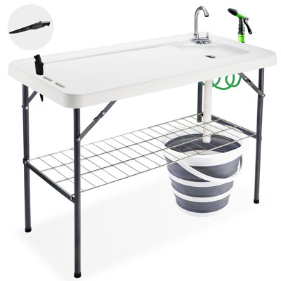 Table pliante pour le nettoyage du poisson avec seau pliable, table d'évier de camping portable avec robinet, tuyau de drainage et pulvérisateur, support à grille, rainure à couteau pour la pêche au pique-nique