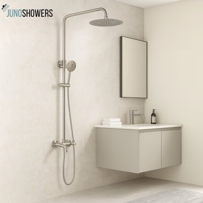 Juno 8 Inch Brushed Nickel Wall Mount 3 Function Rain Shower Head with Handheld Spray