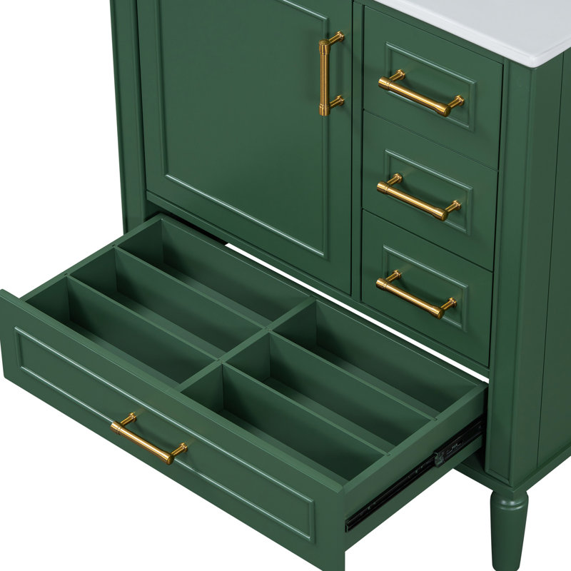 Meuble-lavabo 30 po à fermeture douce, trois tiroirs, lavabo en céramique, poignées dorées, porte compacte
