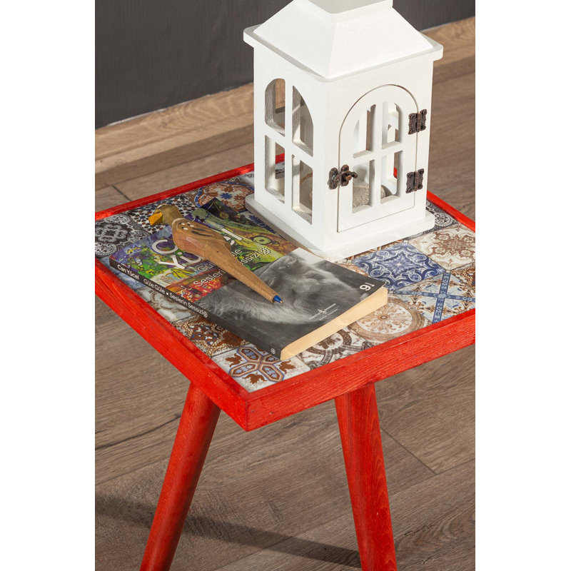 Canora Grey Side Coffee Table End Table Accent Table Home Essentials Solid Wood Tile Ceramic Table, Red
