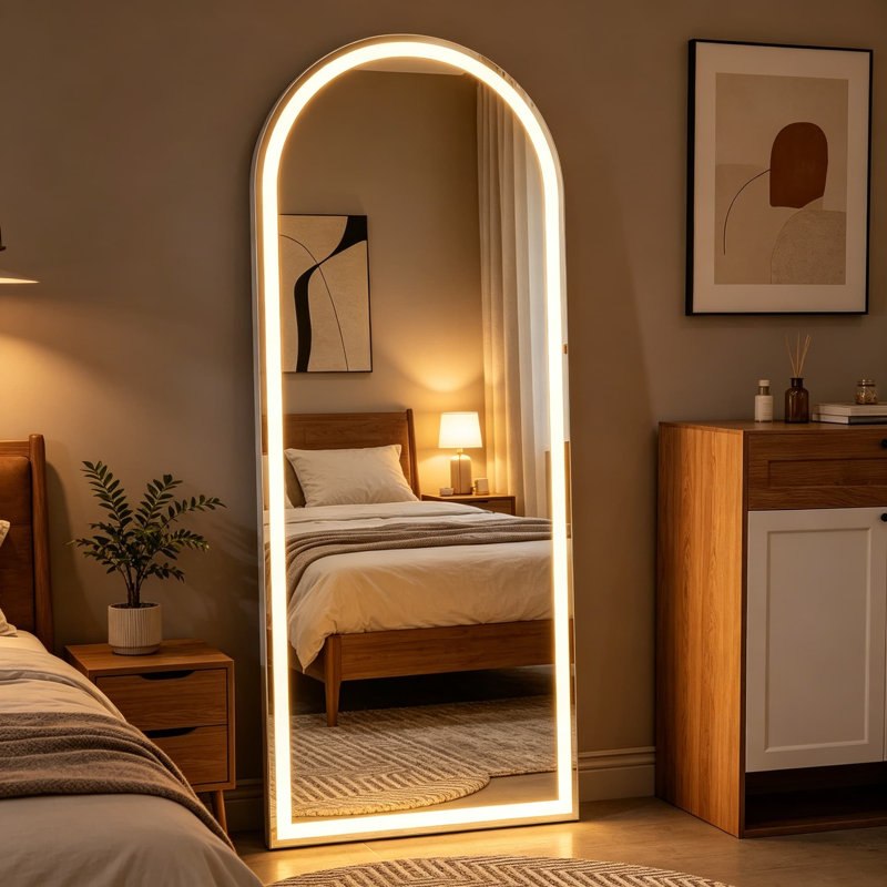 Miroir arqué pleine longueur à DEL 56 po x 21 po - Miroir de plancher à intensité variable avec 3 modes de couleur, debout, incliné ou fixé au mur pour la chambre à coucher, le vestiaire, l'espace de vie