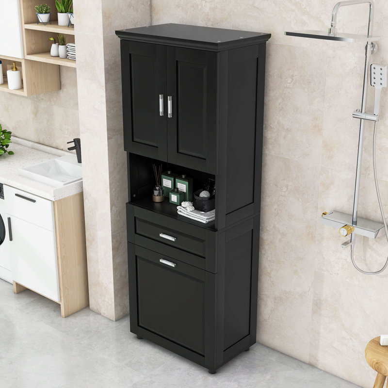 Armoire de salle de bain autoportante en bois avec tiroirs, tablette réglable et panier à linge intégré