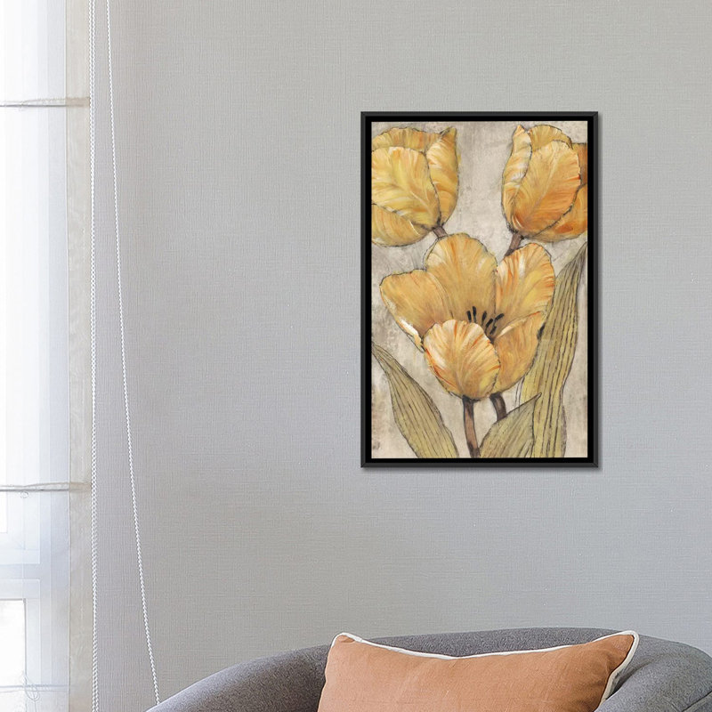 « ocre & tulipes gray ii », reproduction sur toile, H 26 po x l 18 po x P 1,5 po, Toile avec cadre noir, Couleur du tapis