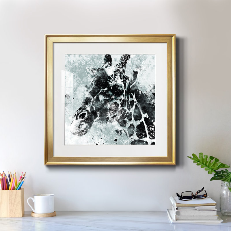 Girafe - peinture encadrée, Papier encadré doré, H 17,5 po x l 17,5 po x P 1,5 po