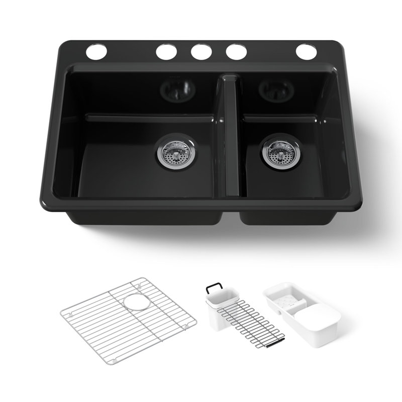 Riverby 33" x 22" x 9.625" Under-Mount Double-Equal Kitchen Sink with Accessories and 5 Oversized Faucet Holes, Black