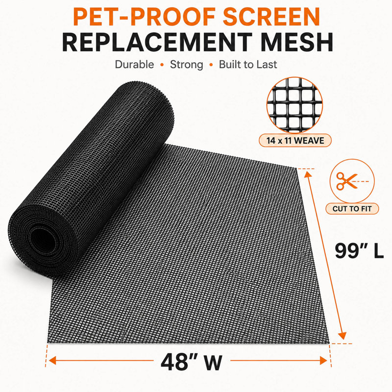 48" x 99" Pet-Resistant Window & Door Screen Mesh, Vinyl-Coated Polyester Replacement Roll