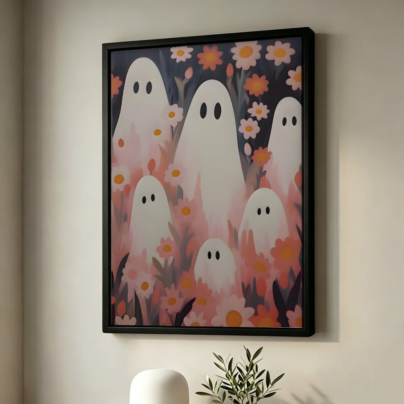 Fantômes pastel d'Halloween parmi des fleurs roses, tableau sur toile encadré, cadre noir, 50 x 75 cm, 20x30, Black