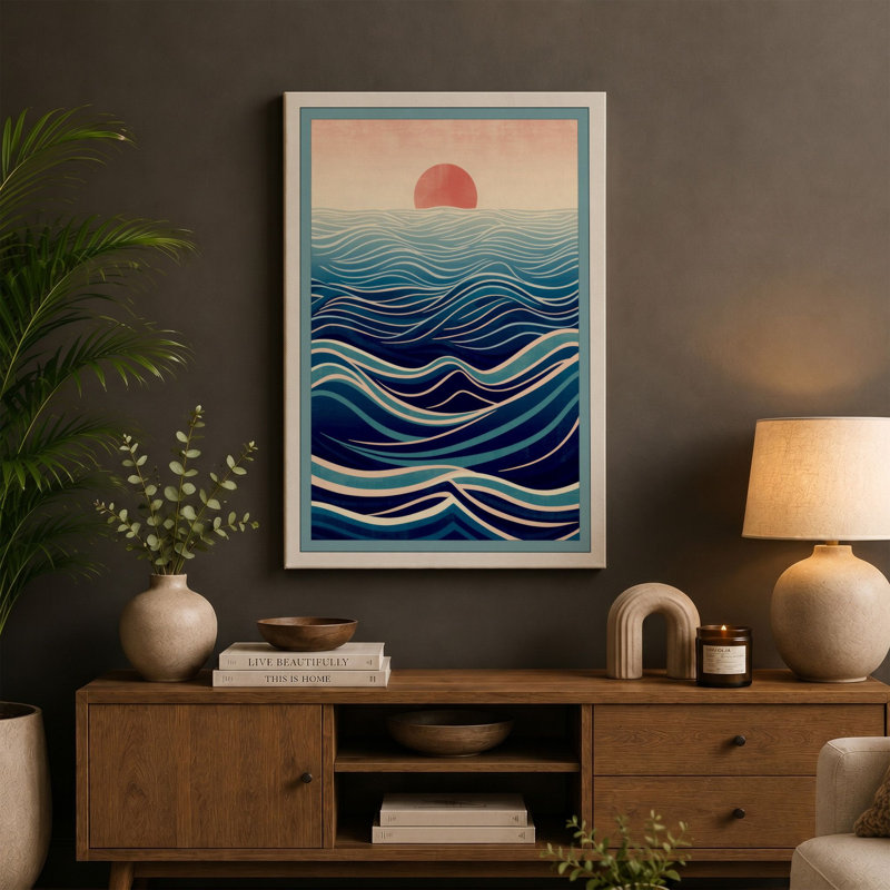 Red Sun Over Waves Coastal 1 Piece Wrapped Canvas Wall Art, 36x24 - 91.4 x 61.0 cm, Cream Border