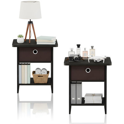 End Table Nightstand with Bin Drawer Espresso and Brown Set of 2 Storage Accent Tables