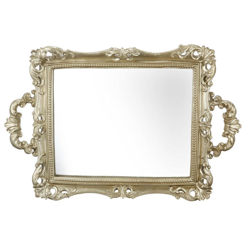 15” Vintage-Inspired Mirror Tray with Ornate Gold Handles, Decorative Polyresin Accent Tray for Vanity, Tabletop, or Centerpiece Display 
