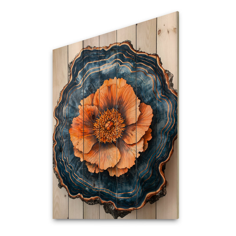 Pivoines oranges sur pierre Wilde III - décoration murale pivoines sur bois de pin naturel, H 20 po x l 10 po x P 0,78 po
