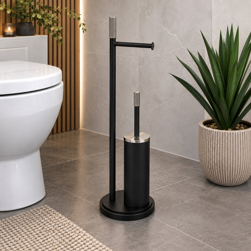 Chester Free Standing Toilet Paper Holder, Matte Black/Satin Nickel