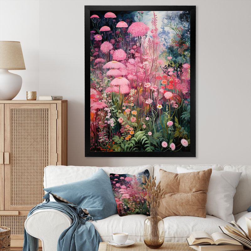 Enigma, fleurs de jardin roses et vertes 5 - Tachisme, art mural, Cadre simple noir, H 20 po x l 12 po x P 1 po
