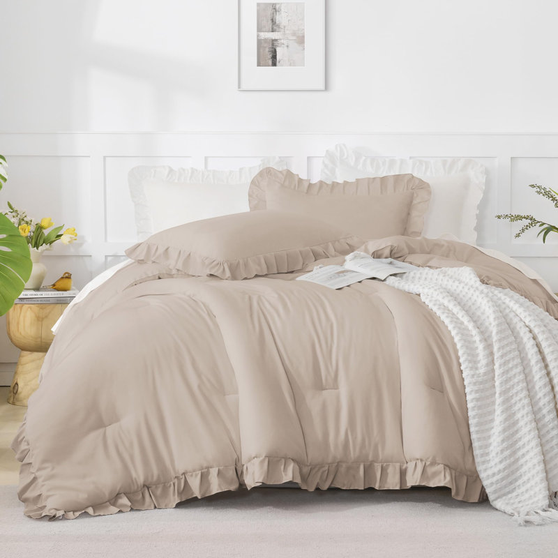 Andency Oversized King Comforter Set 120x98, 3 Pieces Ruffle Shabby Chic Famhouse Bedding Set, All Season Lightweight Fluffy Bed Set for Girls Women, Khaki