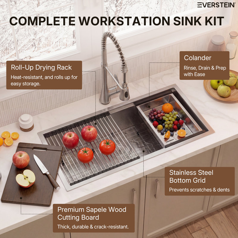 32" L Undermount Workstation Single Bowl Stainless Steel Kitchen Sink, 32 inches