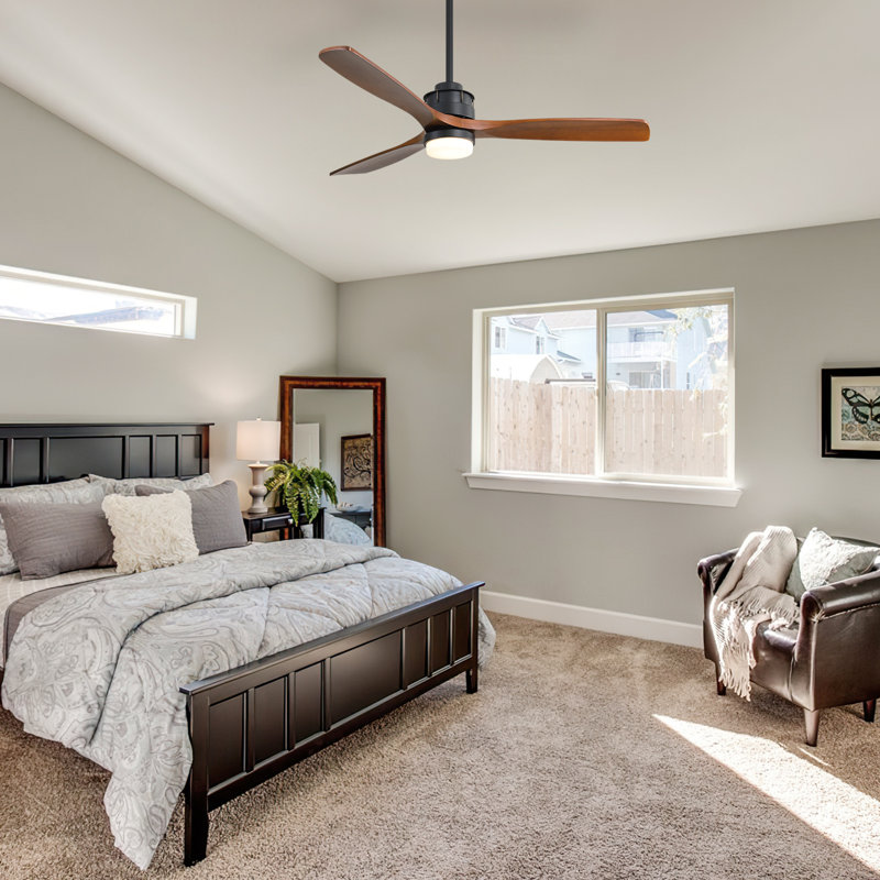Kemp 60" 3-Solid Wood Blade Modern Large Ceiling Fan With Lights,Remote, Black with Walnut Blades