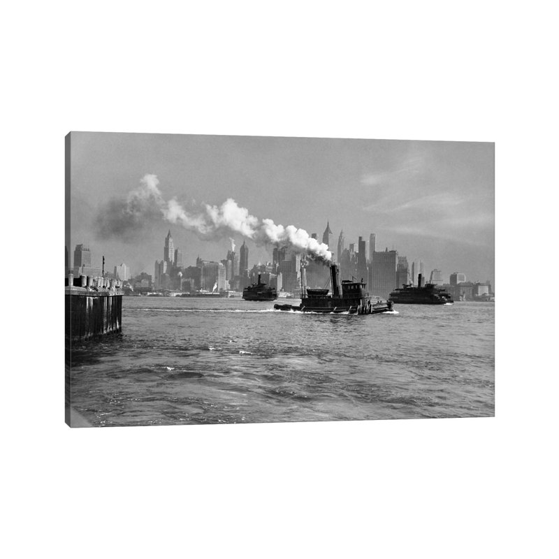 1930s-1933 Steam Engine Tug Boat and Staten Island Ferry Boats on Hudson River Against Manhattan Skyline New York City USA 1 Piece Wrapped Canvas Wall Art
