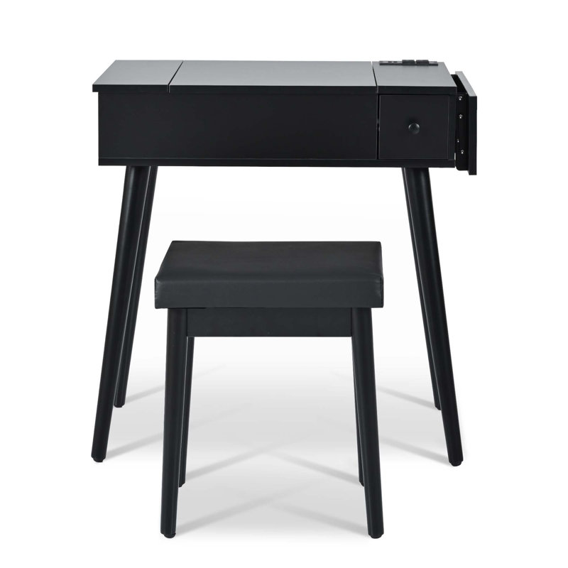 Bureau de coiffeuse 27,9 po avec miroir rabattable et lumière DEL, coiffeuse avec station de charge, 2 tiroirs et panneau rabattable, ensemble de coiffeuse avec tabouret rembourré pour la chambre à coucher