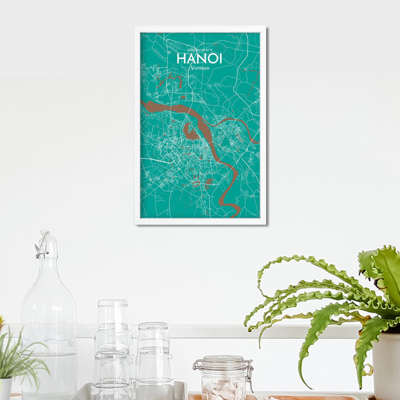 Hanoi, carte de la ville, impression, H 17 po x l 11 po, Vert / Brun