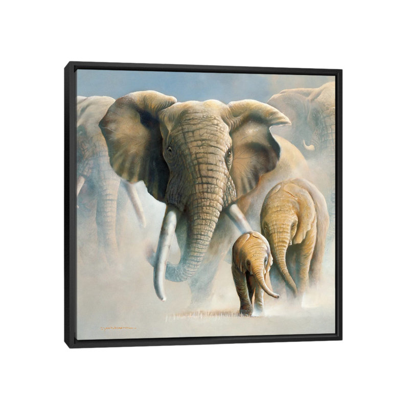 « running éléphants ii », impression sur toile, H 18 po x l 18 po x P 1,5 po, Toile avec cadre noir, Pas de tapis