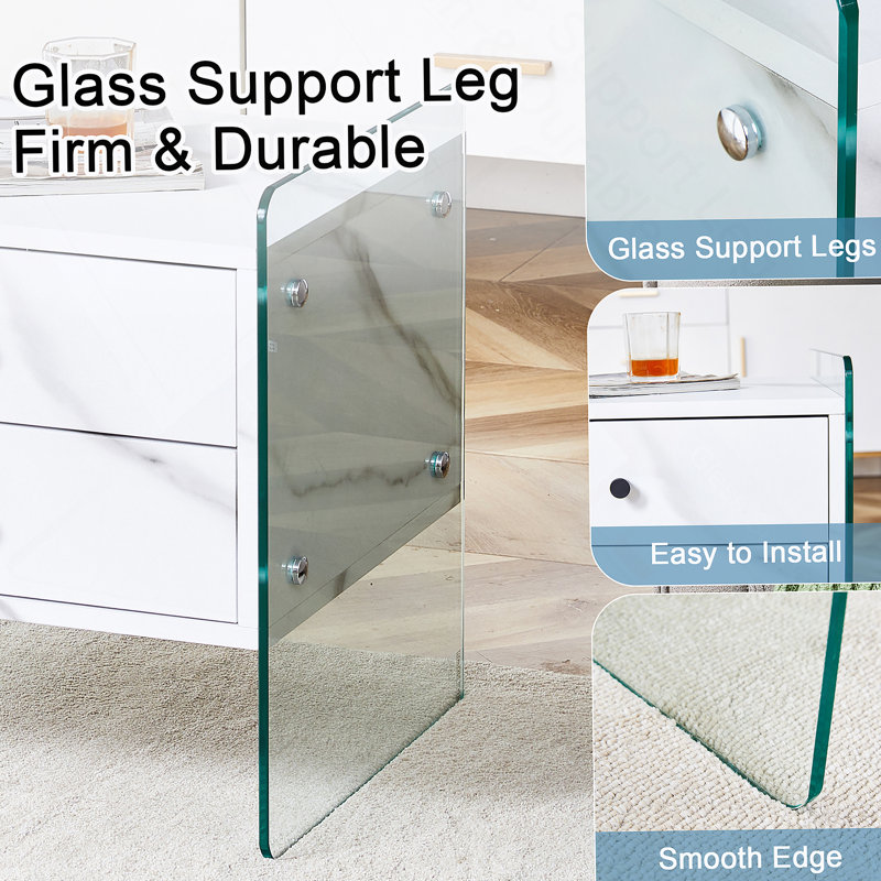 Double-drawer bedside table. The board surface is MDF with white grain sticker, and both sides are transparent tempered glass. The design is simple and elegant, with excellent storage functions.