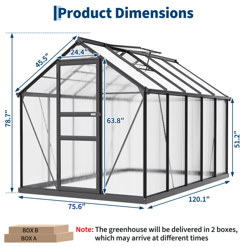 Serre en polycarbonate à structure en aluminium stable avec évent de toit et porte verrouillable pour la culture de plantes d'extérieur dans le jardin, 6 x 10 pi