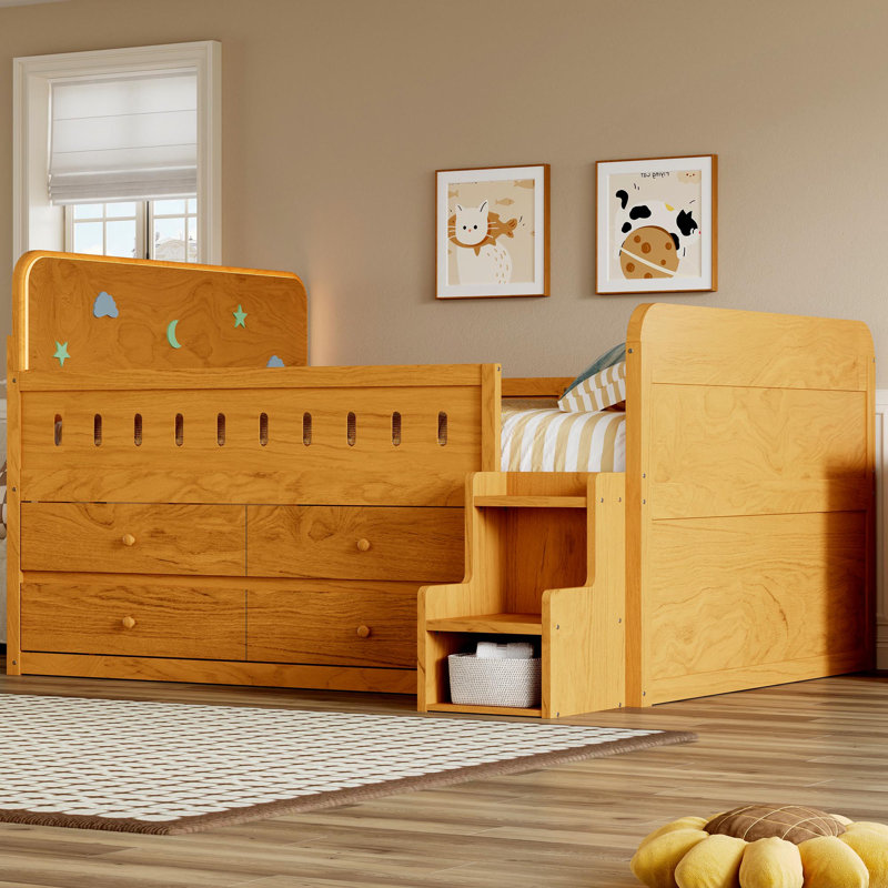 Lit double en bois avec lumière DEL, tiroirs de rangement, couleur bois, Bois