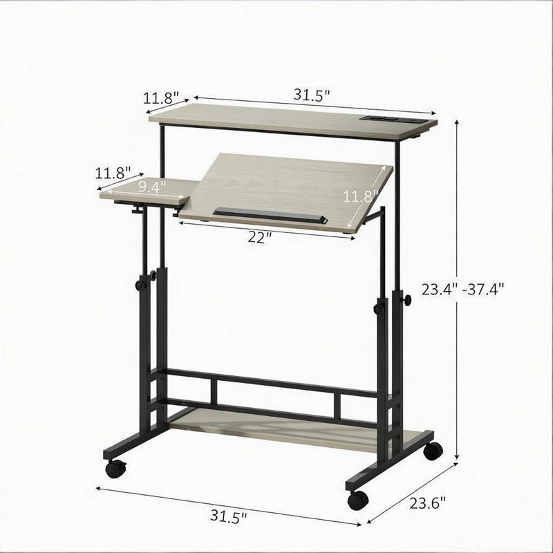 Bureau mobile, bureau debout, bureau debout réglable (seulement bureau), Chêne