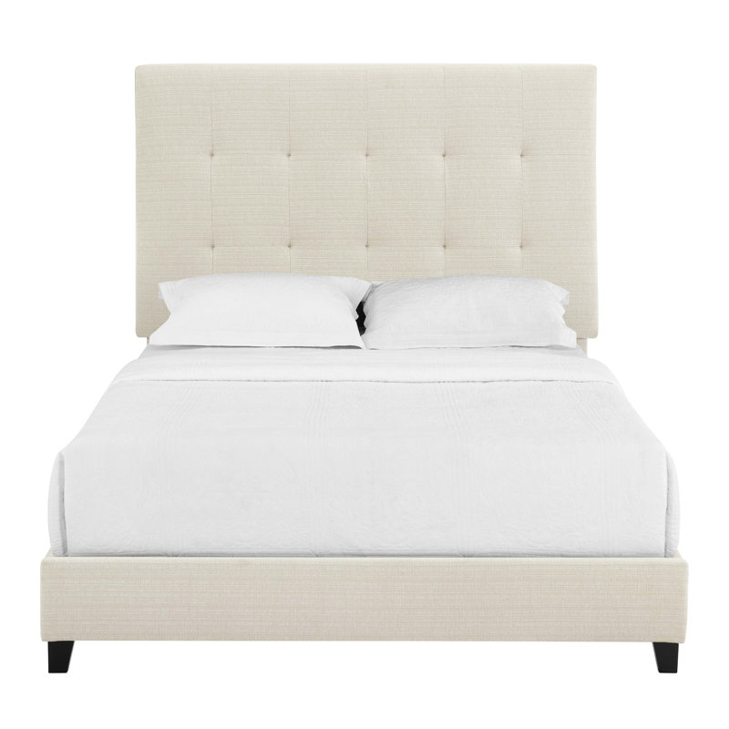 Grand lit tapissier avec repose-pieds transitionnel en tissu et lattes de soutien