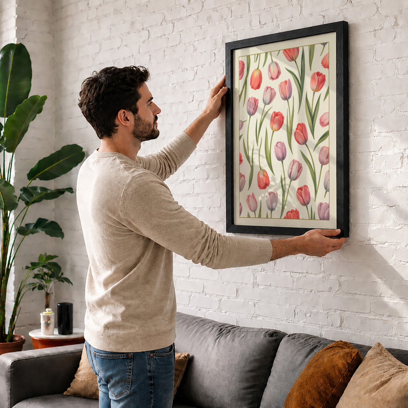 Scattered Tulip Garden Botanical - Framed Print, A3 - 42.0 x 29.7 cm, White