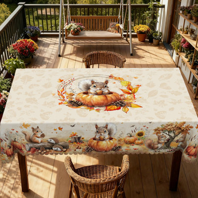 Machine-washable polyester tablecloth with autumn squirrel design