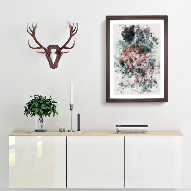 Lioness Duo - Picture Frame Painting Print, 33cm H x 24cm W x 2cm D, Walnut Framed