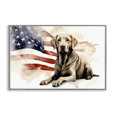 Patriotic Dog with Flag Framed Giclee Art by Petal Prints Design