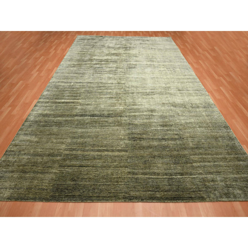 Tapis oriental vert 9 pi 10 po x 14 pi, motif uni, noué à la main, doux au toucher, soyeux, éclatant et brillant