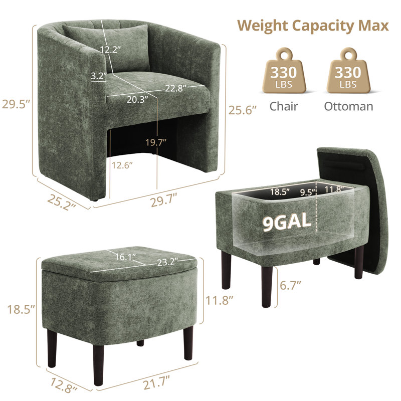Fauteuil demi-tonneau avec pouf avec rangement Lane (ensemble de 2), Chenille vert grisâtre