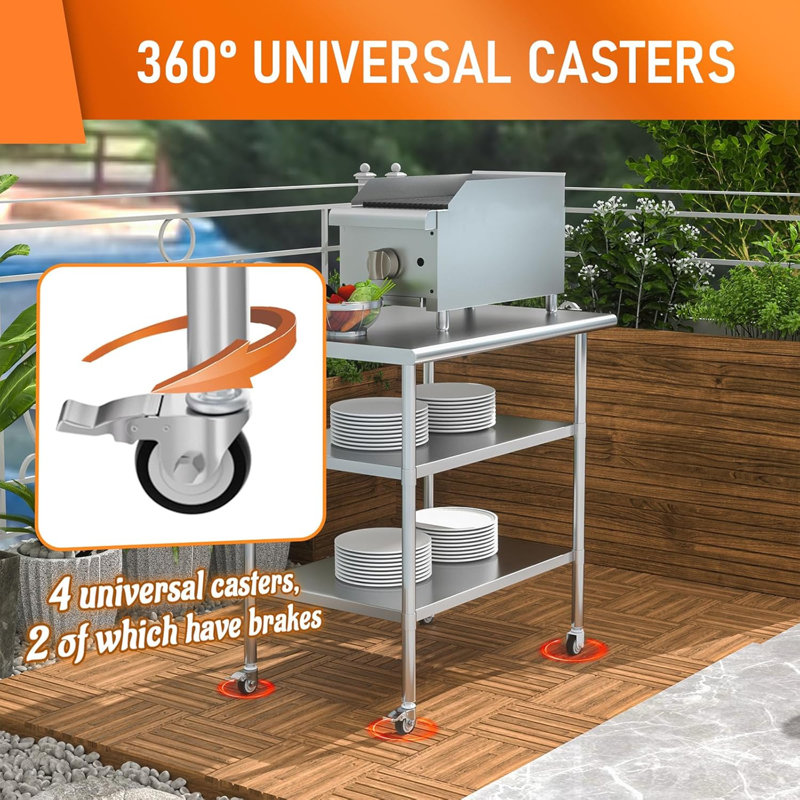 Table de travail en acier inoxydable avec 2 tablettes réglables pour la cuisine commerciale