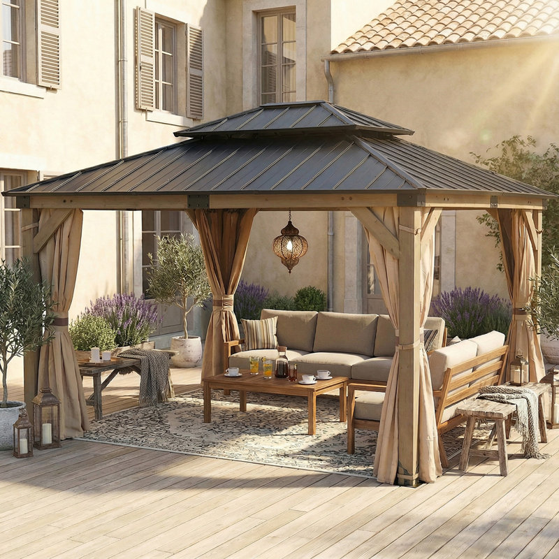Cedar Wood Patio Gazebo, Double Metal Roof Hardtop Gazebo with curtain and Screen, Oak, 115" H x 153.5" W x 132.3" D
