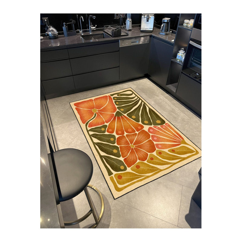 Orange Leaf Patterned Woven Base Washable Rug, Runner 2'6" x 6'7" Rug Pad Included