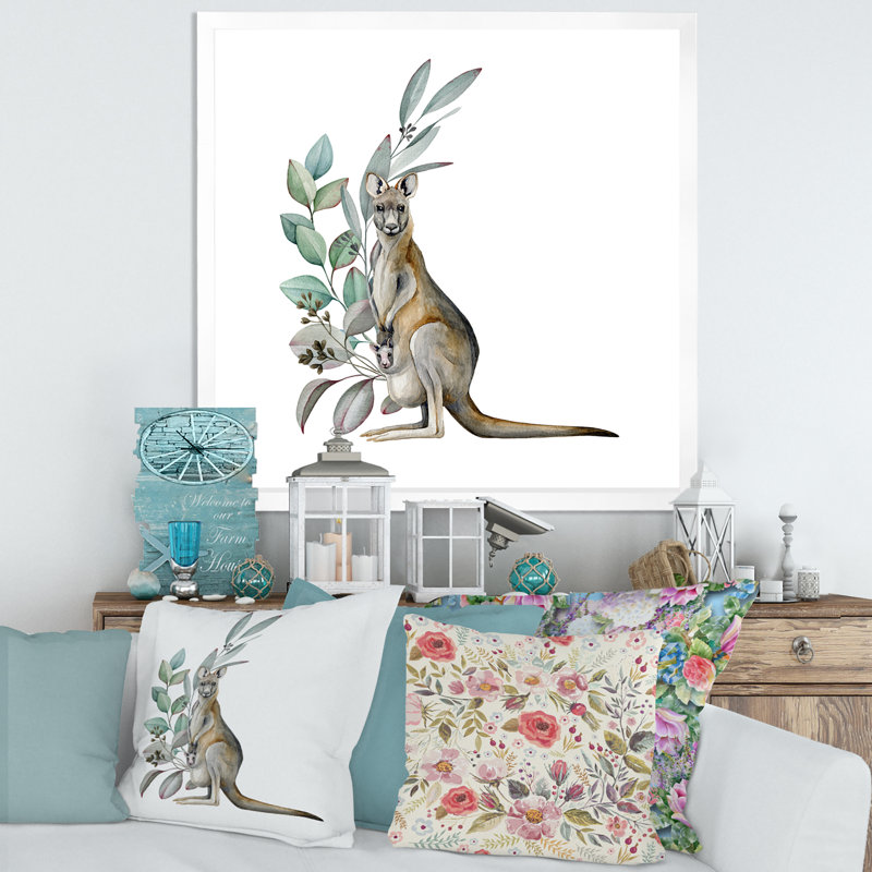 Kangourou avec feuilles d'eucalyptus - Peinture sur toile, H 16 po x l 16 po x P 1 po, Cadre photo blanc