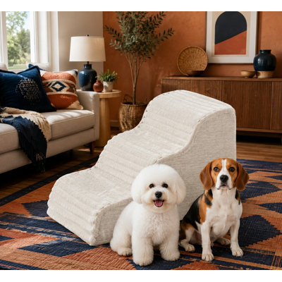 Escalier pour animaux de compagnie en mousse haute densité beige, 40 cm de hauteur, à 3 marches, pour petits chiens et chats ; marches de type rampe pour canapés, fauteuils et chaises, avec base antidérapante et housse amovible et lavable.