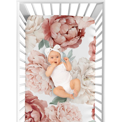 Large Peony Floral Garden Pink and Ivory Fitted Crib Sheet by Sweet Jojo Designs