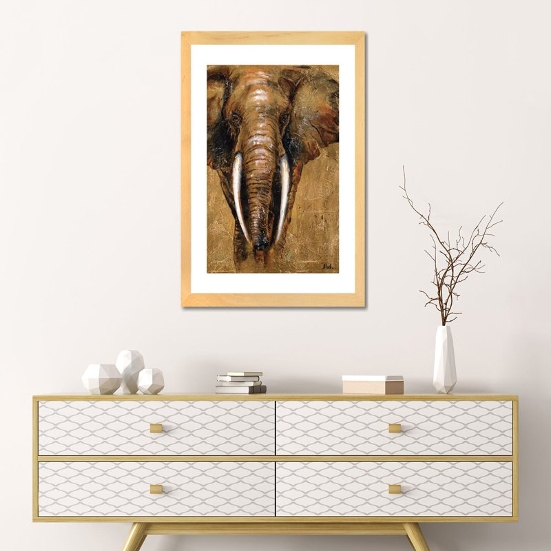 «Gold Elephant» par Patricia Pinto - impression d'art graphique, Toile avec cadre en bois beige, Blanc